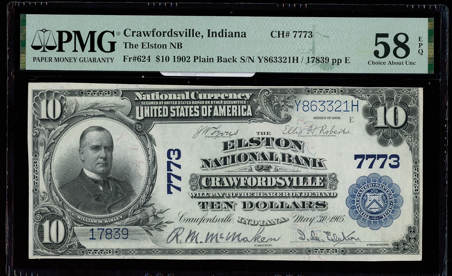 Fr. 624 1902 $20 Plain Back National Bank Note Crawfordsville, Indiana ...