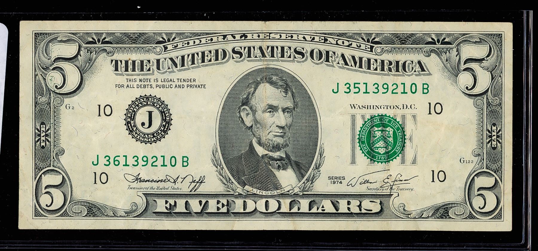 Fr. 1973-K 1974 $5 Federal Reserve Note Mismatched Serial Numbers Error ...