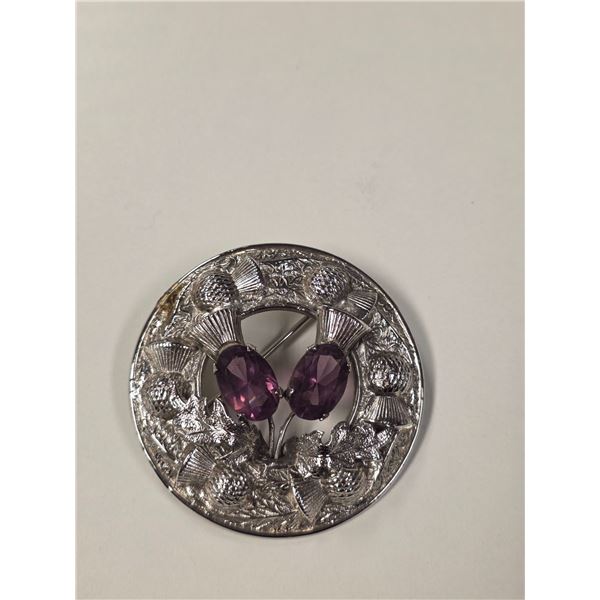 Large Sterling Silver & Amethyst Crystal Scottish Thistle Brooch - 2.5" (60mm) diameter - Weight inc