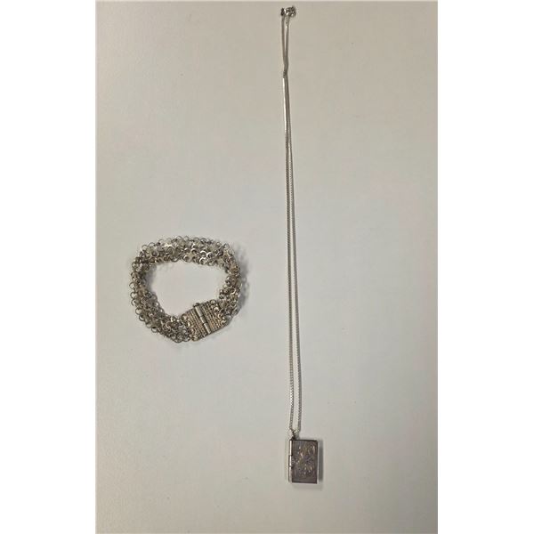 Sterling Silver Book Pendant Necklace & Vintage Floral Motif Bracelet - Total weight: 21 grams