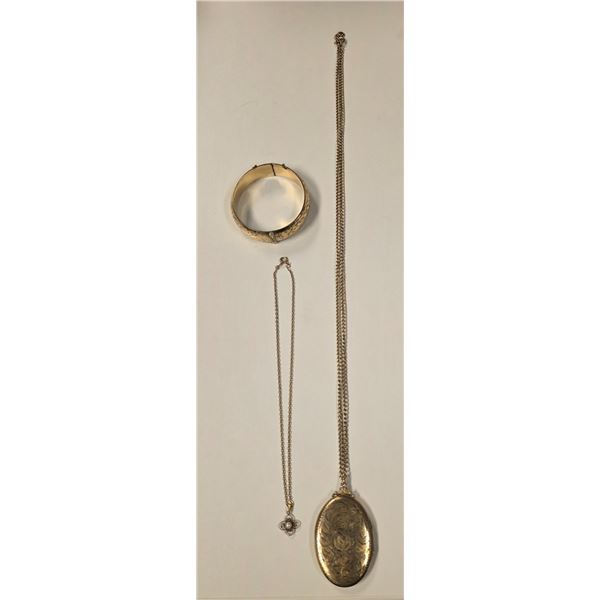 3 Vintage Gold Filled Jewelry Pieces - Hinged Cuff Bracelet, 39 x 60mm Oval Locket, & 13mm Pearl Pen