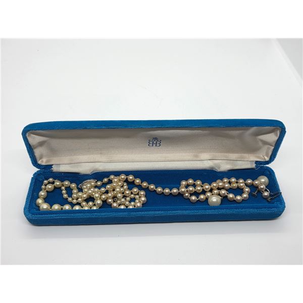 Two 16" Cultured Peal Necklaces & 1 Pair of Crew Back 10mm Pearl Earrings in a Velvet Birks Box