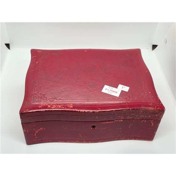 Vintage Red Leather Jewelry Box and Contents - Vintage Fashion & Costume Jewelry (7 x 10 x 4" tall)