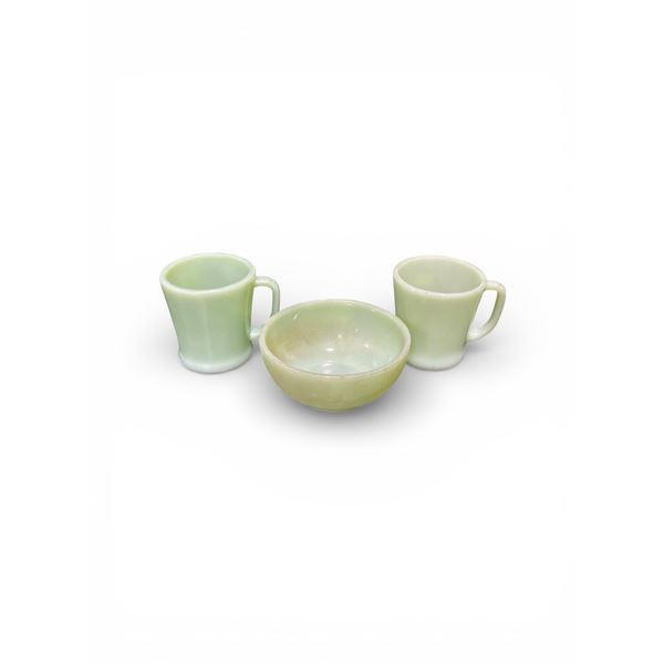 3 Pcs. Of Fire King Jadeite Kitchenware - 2 Coffee Mugs & a 5" Bowl
