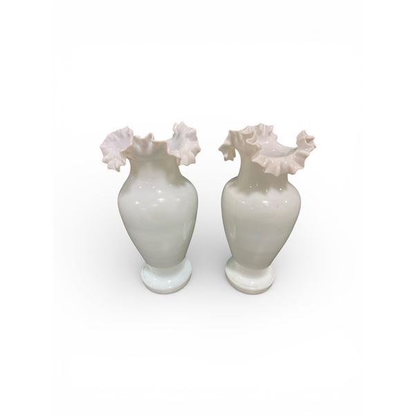 Pair of Vintage Hand Blown Ruffle Edge Milk Glass Vases - 9.5" tall - One has a crack on the undersi
