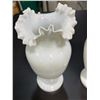 Image 2 : Pair of Vintage Hand Blown Ruffle Edge Milk Glass Vases - 9.5" tall - One has a crack on the undersi