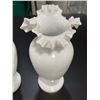 Image 3 : Pair of Vintage Hand Blown Ruffle Edge Milk Glass Vases - 9.5" tall - One has a crack on the undersi