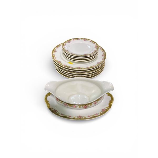 Limoges Sauce Boat & 11 Plates - 5 side  plates and 11 dinner plates (2 dinner plates are chipped)