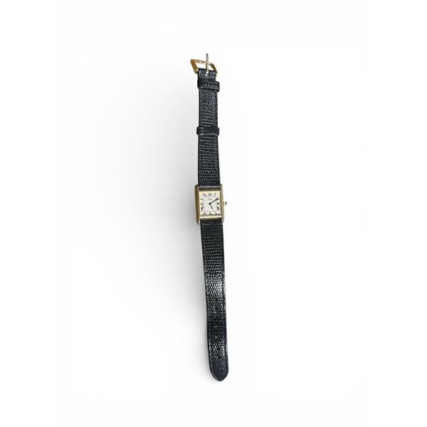 Lady's Seiko Quartz Tank Watch gold-plated over base metal with small square dial and a black leathe
