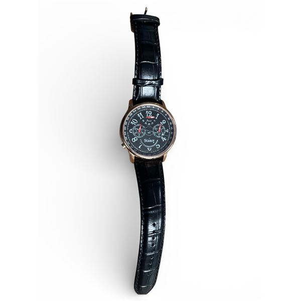 Oversize rose gold-plated stainless steel Stauer automatic watch with 40 jewels, black dial with 4 s
