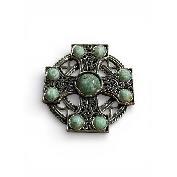 Vintage Celtic cross brooch/pendant with light green jasper stones