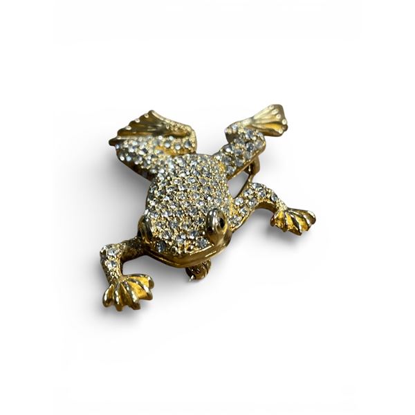 Christian Dior gold-plated frog brooch set with Swarovski crystals and black paste stones.  - Apprai
