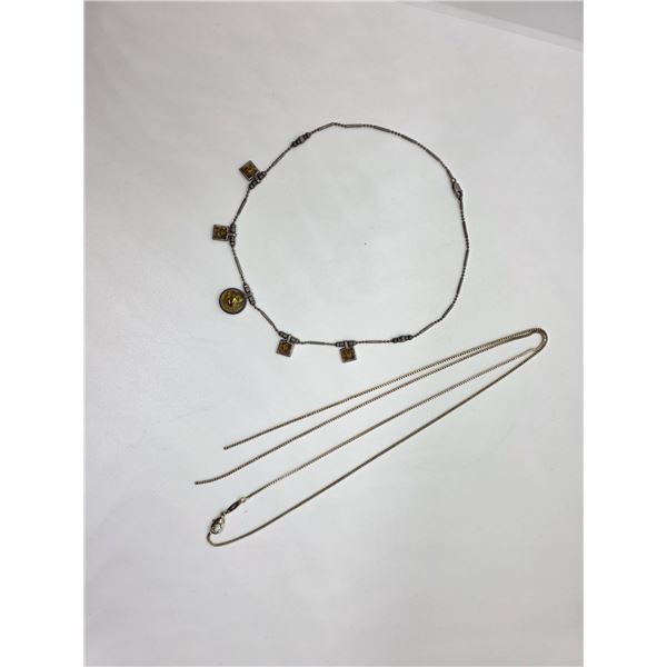 Vintage 16" Sterling Silver Amber Necklace & Scrap Sterling Chain - Total Weight:18.8 grams