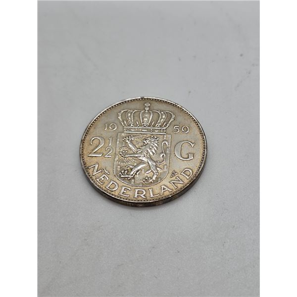 1959 Netherlands 2 1/2 Gulder Silver Coin - .720 Silver - 15 grams