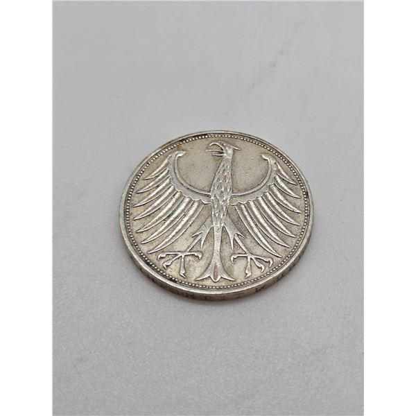 1957 Germany 5 Mark "J" Silver Coin - Hamburg Mint - .625 Silver - 11 grams