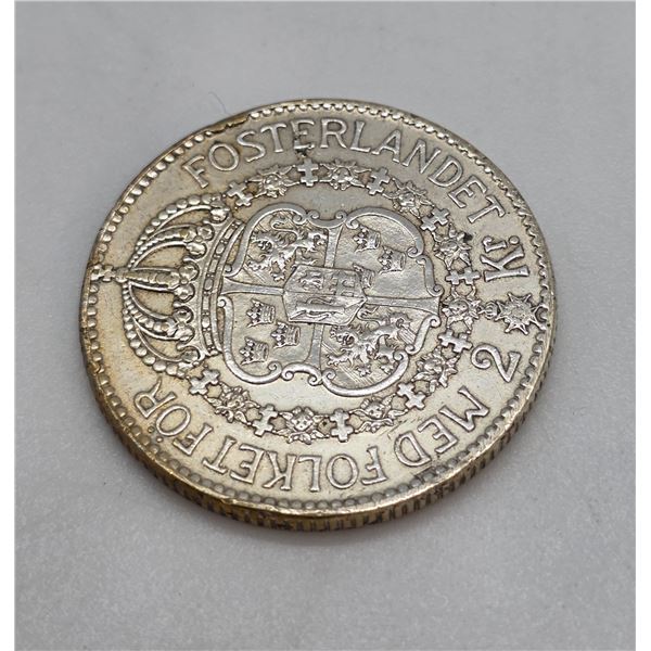 1938 Swedish 2 Kronor Silver Coin - .800 Silver - 15 grams