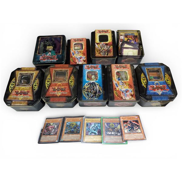 Group of 9 Yu-Gi-Oh! Collectible Tin Boxes and Cards