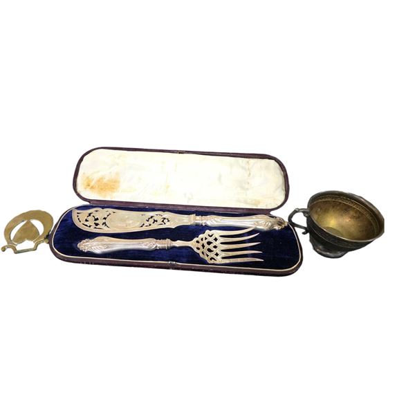 Vintage Silver-Plate Fish Serving Set with Brass Bowl & Brass Trivet