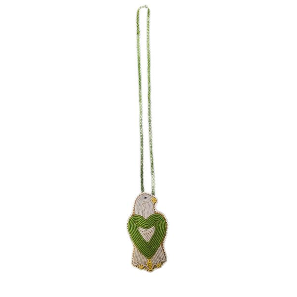 Handmade Beaded Pendant Necklace - Green Heart on Bird Motif