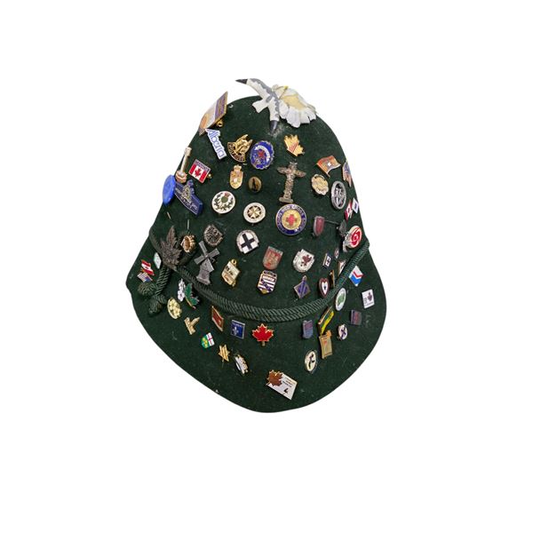 Vintage Alpine Felt Hat with Assorted Pins and Badges (Military and Service Pin Collection)