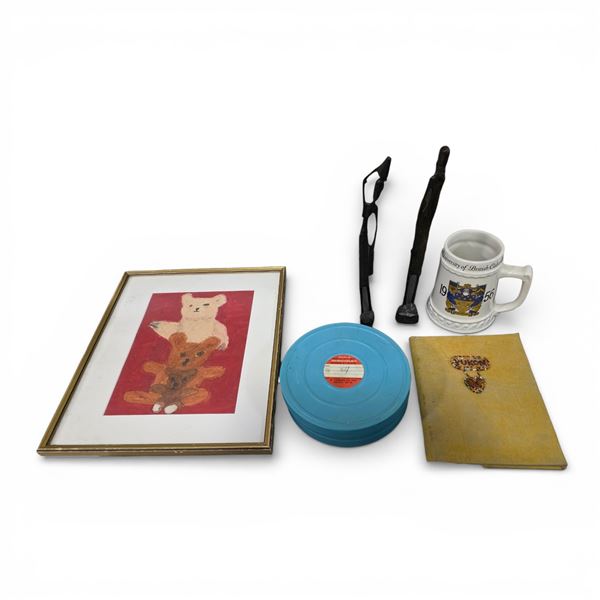 Assorted Vintage Collectibles Lot - Permaflex Reels, Framed Teddy Bear Print, 1956 UBC Mug, 2 Handcr