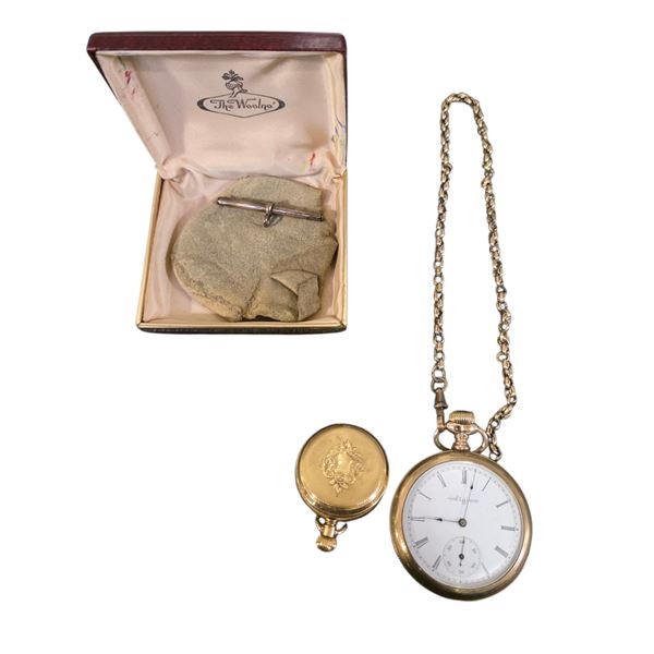 Elgin Gold Filled Open Face Pocket Watch with Chain Fob (Working) and American Waltham Watch (withou