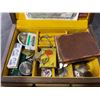 Image 3 : Vintage Wooden Trinket Box with Assorted Keychains, Pins, Stamps, Coins, and More