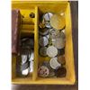 Image 5 : Vintage Wooden Trinket Box with Assorted Keychains, Pins, Stamps, Coins, and More