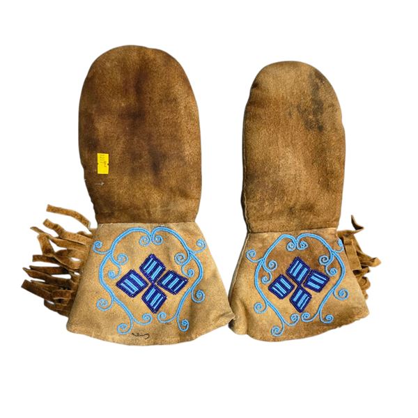 Pair of Vintage Beaded Hide Mittens - 14.5" x 9"