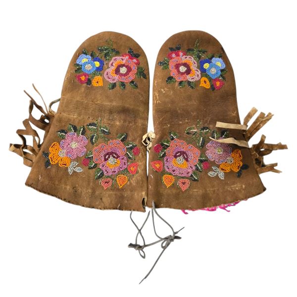 Pair of Handmade Beaded Leather Mittens, 13" x 8.5"