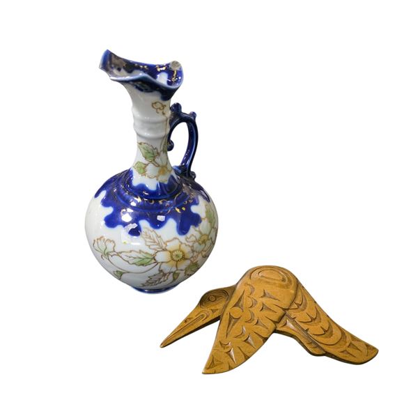 Decorative Porcelain Pitcher (spout chip) and Carved Wooden Bird