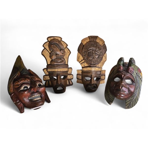4 Hand-Carved Wooden Decorative Masks (H11-14") - Possibly Maya or Aztec Style