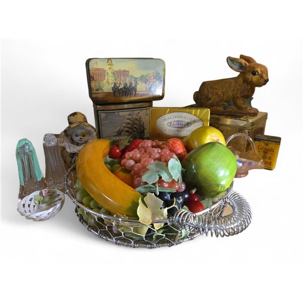 6 Vintage Tin Boxes Includes Macfarlane & Lang Biscuit, Mcdonald's Britsh Cigarettes, Basket with Fa