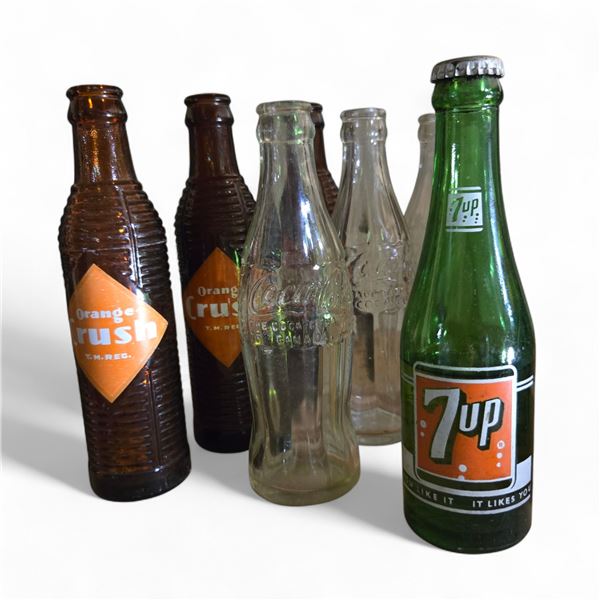 Group of 7 Vintage Soda Bottles - 3 x 1930s Antique Orange Crush Brown Bottles, 1950 Coca Cola & Mor