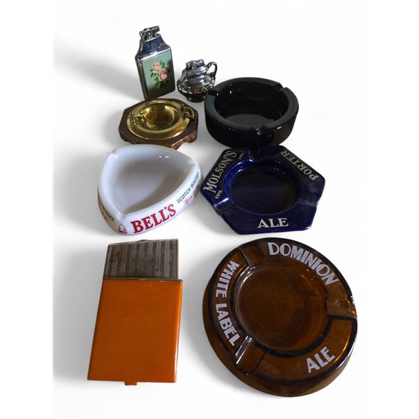 9 Vintage Ashtrays & Smoking Accessories - Bell's Scotch, Molson's Ale, Dominion Ale, Lighters, and