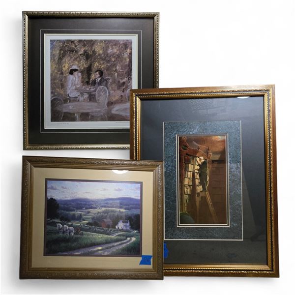 3 Framed Prints - Cafe Scene, Pastoral with Horses & Library Interior
