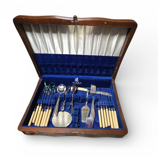 Birks Regency Silver Plate Silverware Set and Box of Ceramic Spoon