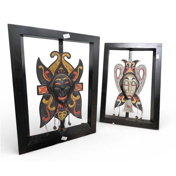 Pair of Framed Africana-Style Painted Wood Masks, H25" x W16.6 Each