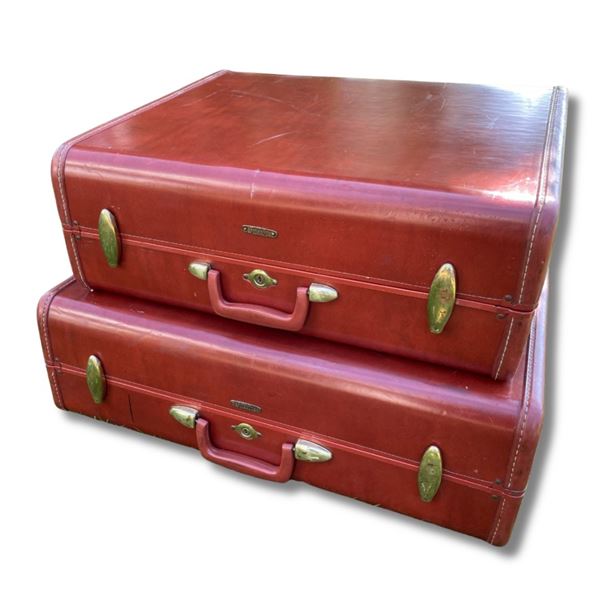 Set of Vintage Red Brown Samsonite Suitcase Luggage Shwayder (Model 4937 and 4951)