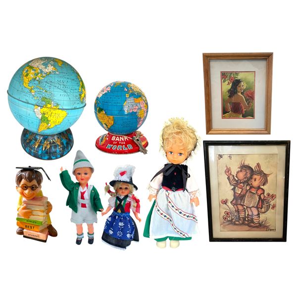 Mixed 1950s-60s Collection: "Bank of the World" Tin Globe Coin Bank, Ohio Art Tin Globe Bank, Strawb