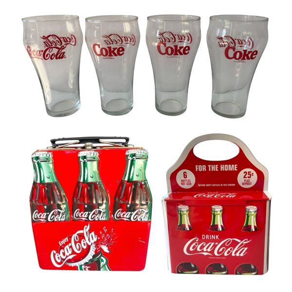 4 Vintage Coca-Cola Coke Glasses with Red Lettering and 2 Coke-Cola Tin Boxes