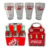 Image 1 : 4 Vintage Coca-Cola Coke Glasses with Red Lettering and 2 Coke-Cola Tin Boxes