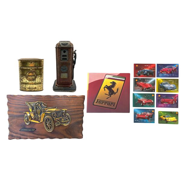 Antique Justrite Carbide Pocket Can, Ferrari Shell Carlet Booklet & 8 collectible cards, 1909 Carved