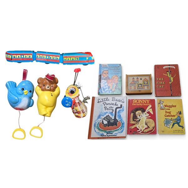 1960s-70s Vintage Toys: Schylling 12" Tin Train, Fisher‑Price Queen Buzzy Bee Pull Toy, 2 P