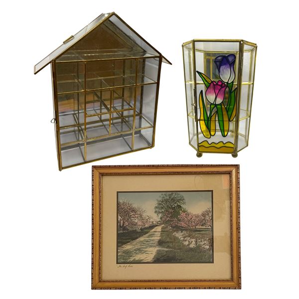 3 Pcs - Wallace Nutting Print "The Turf Path", Wall Grid Display, Hexagonal Stained-Glass Tabletop C