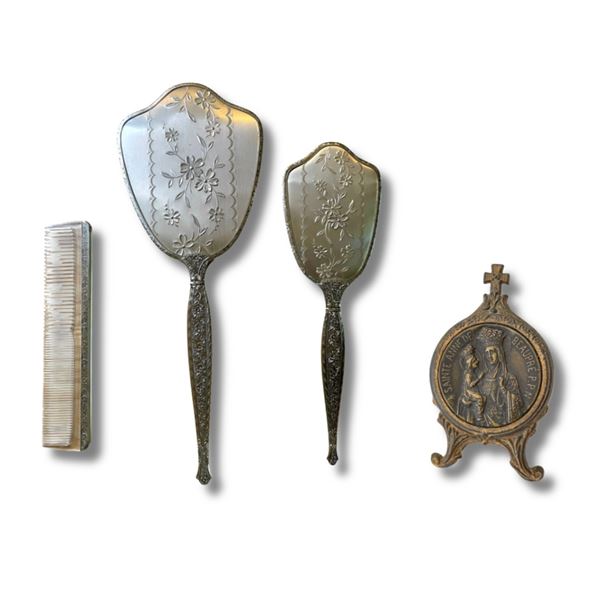 Vintage Vanity Trio and Antique Brass/Bronze Devotional Plaque: Sainte Anne de Beaupre, P.P.N. (Made