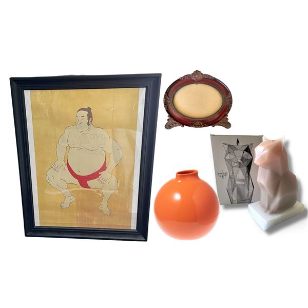 Group of 4 - PYRO PET Kisa Cat Candle, Sumo Wrestler Art, Orange Ball Tissue Dispenser, Oval Frame