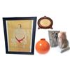 Image 1 : Group of 4 - PYRO PET Kisa Cat Candle, Sumo Wrestler Art, Orange Ball Tissue Dispenser, Oval Frame