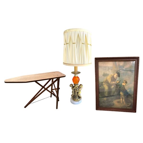 Alfred Guillou "The Helping Hand" Print, Mid-Century Cherub Lamp, Folding Wood Ironing Board (Enterp