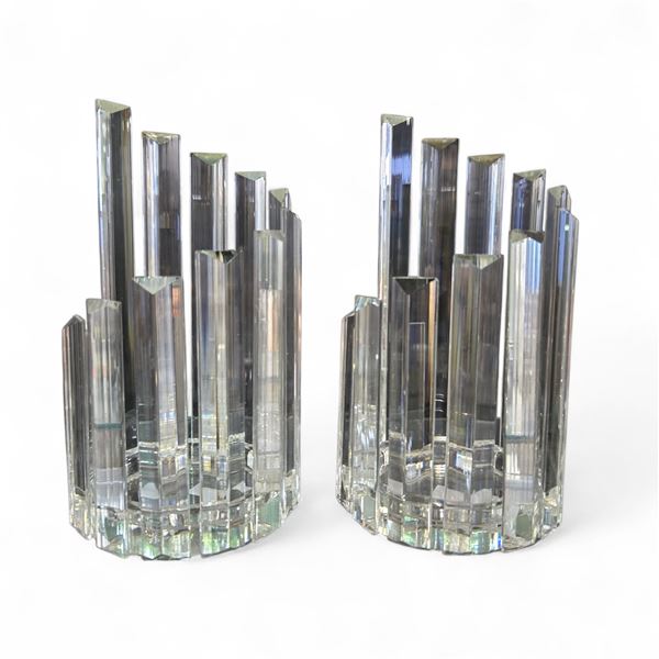 Pair of Charles Hollis Jones-Style Lucite "Skyscraper" Candle Holders - Each is 8" tall x 4.5" diame